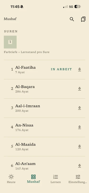 Le Mushaf avec la liste des sourates, leur niveau d’apprentissage et le téléchargement