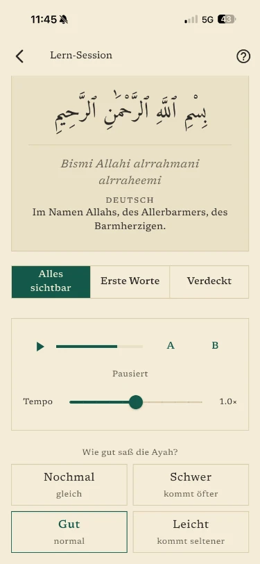 La restitution d’une ayah : texte entier, partiel ou masqué, suivi d’une auto-évaluation