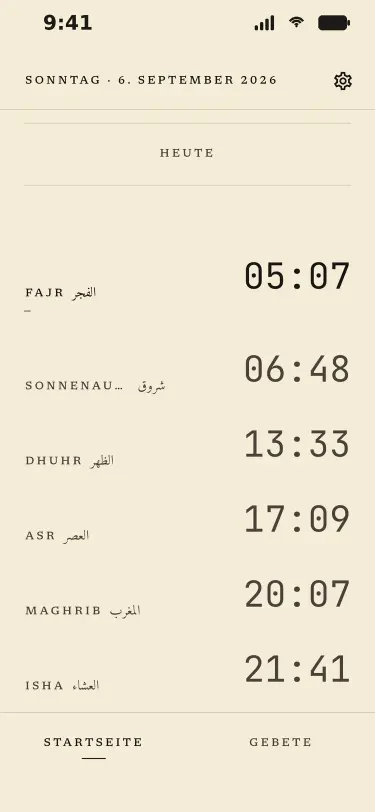 NurSalah auf einem Telefon: die Gebetszeiten des Tages